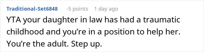 Comment about daughter-in-law seeking relationship with mother-in-law, emphasizing family sticks together and support needed.