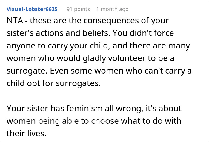 User comment discussing surrogacy and feminism in response to a woman shaming brother&rsquo;s baby plans and being banned from seeing his son.