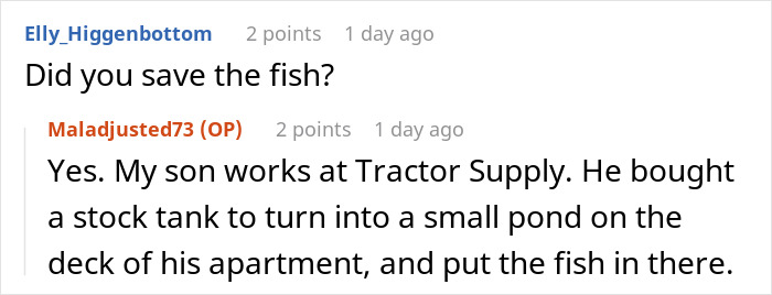 Screenshot of online forum discussion about a man creating a small fish pond on his apartment deck.