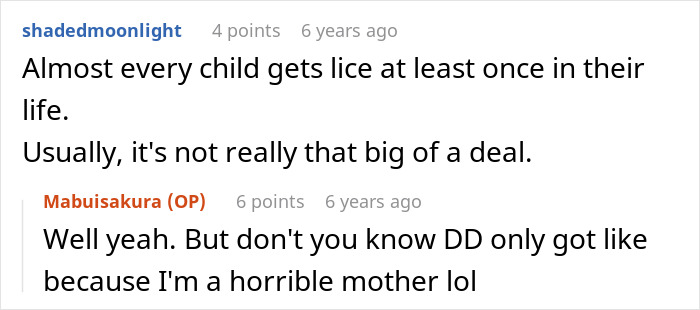 Reddit conversation about lice outbreak and a mother being reported to CPS by her mother-in-law regarding grandchild custody.