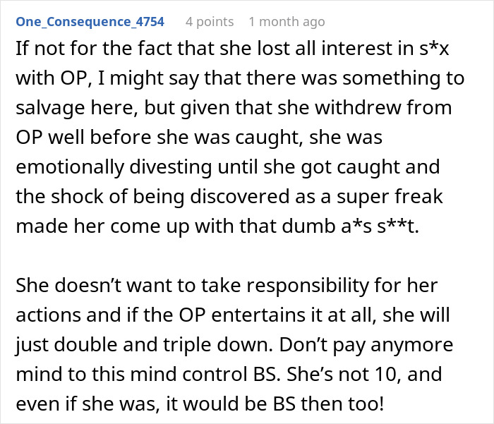 Comment discussing a wife who cheats on her husband and uses a mind control excuse to avoid responsibility.