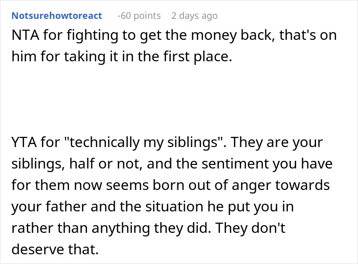 Reddit comments discussing a woman taking her dad to court over a $100K stolen inheritance dispute.