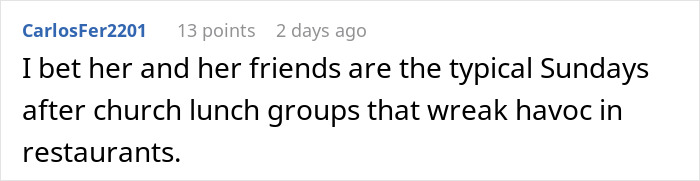 Screenshot of a comment from a user discussing entitled church members in relation to freelancer work from home disputes.