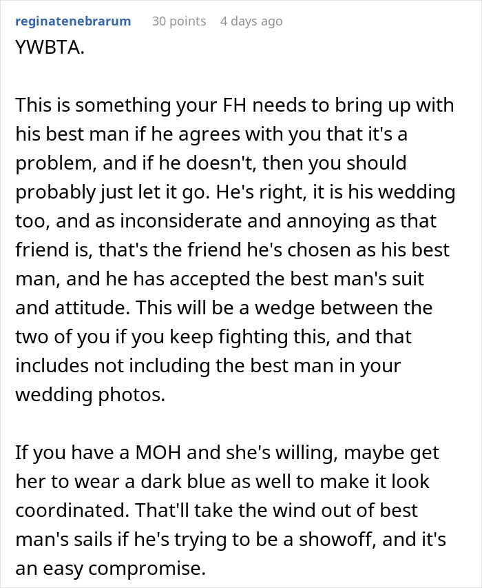 Comment discussing bride wanting to exclude best man from photos due to his outfit and wedding photo conflicts.