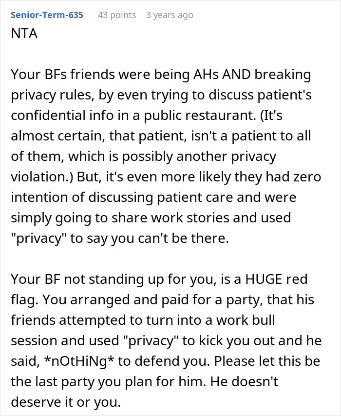 Text post discussing a woman refusing to leave party she planned after boyfriend and friends demand privacy.