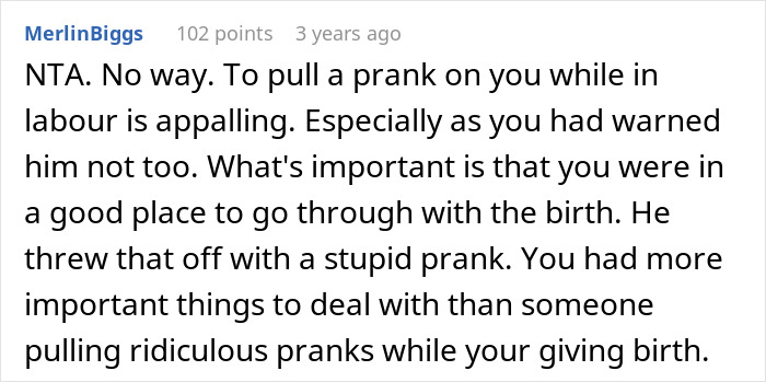 Comment discussing frustration over inappropriate prank during labor and delivery room, highlighting man furious after wife removes him.