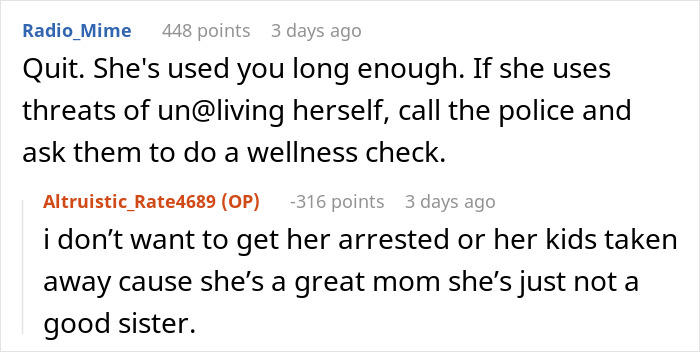 Screenshot of a Reddit discussion about a sister's behavior involving sibling babysit and family concerns in senior year.