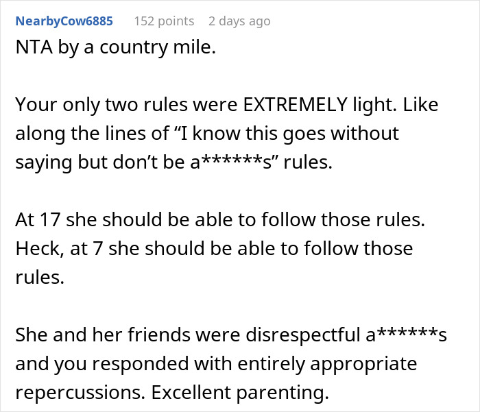 Reddit comment praising enforcing basic boundaries on daughter's sleepover as appropriate and excellent parenting. Reddit comment praising enforcing basic boundaries on daughter's sleepover as appropriate and excellent parenting.