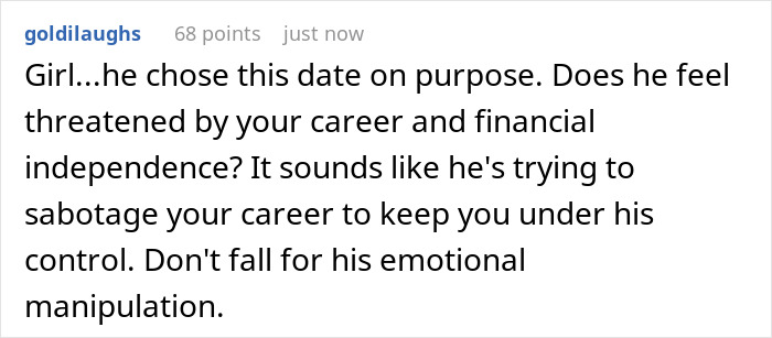 Reddit comment warning about emotional manipulation and control in a husband-wife conflict over hair transplant surgery.