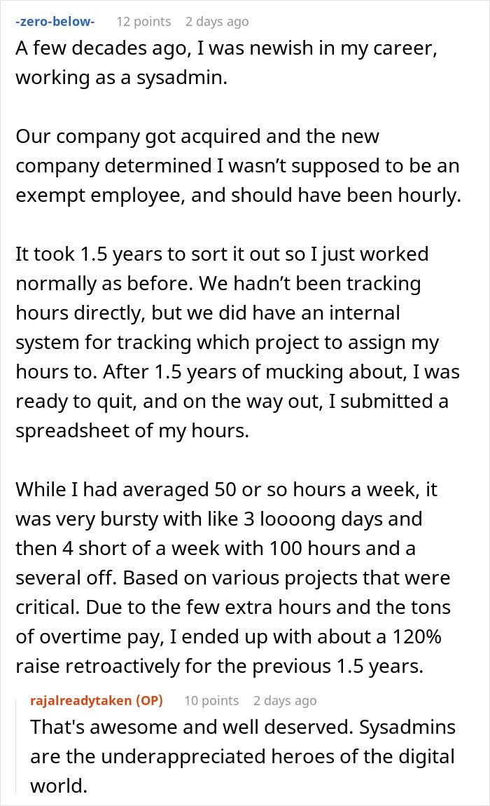 Screenshot of a forum post discussing an employee&rsquo;s hours and work tracking in a non-profit setting.