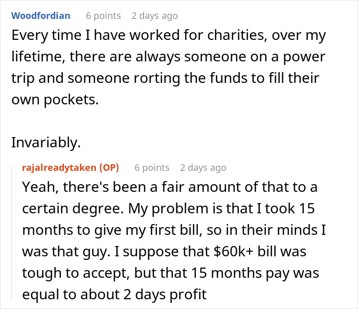 Screenshot of a forum discussion about a non-profit accusing an employee of fudging hours and related issues.