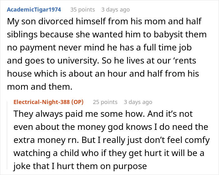 Screenshot of a Reddit conversation about a woman refusing to watch her sister after family claims led to broken leg concerns.