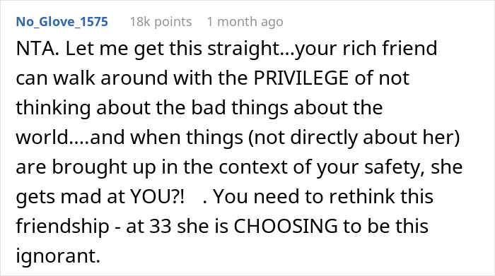 Screenshot of an online comment discussing a woman being blunt about why she can’t travel with a friend and the resulting accusations. Screenshot of an online comment discussing a woman being blunt about why she can’t travel with a friend and the resulting accusations.