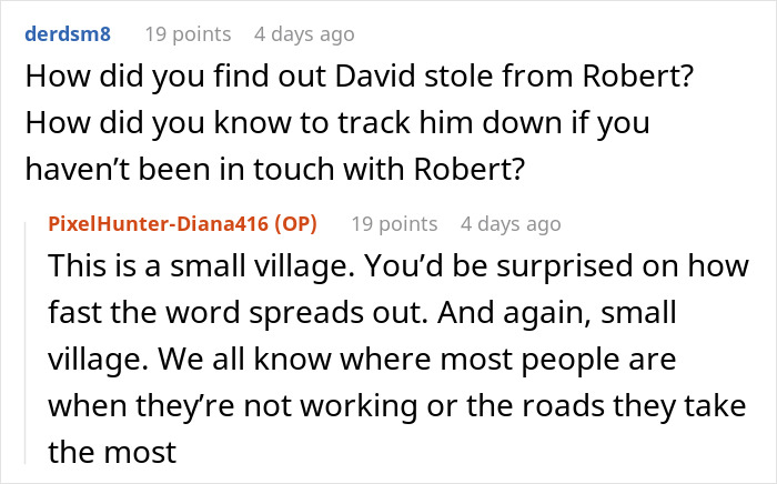 Reddit conversation about tracking down a childhood friend who robbed a kind old man in a small village.
