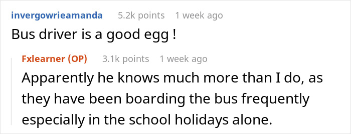 Text conversation screenshot showing a discussion about a bus driver and frequent boarding during school holidays, highlighting poor parenting.