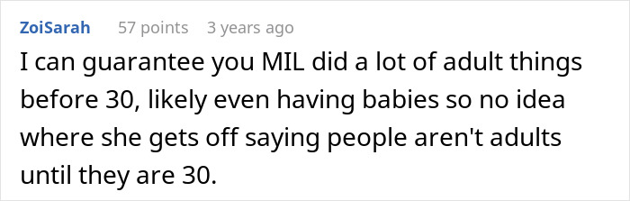 Screenshot of a comment discussing adult experiences, related to a woman calling CPS on daughter's ex-husband over tattoo issue.