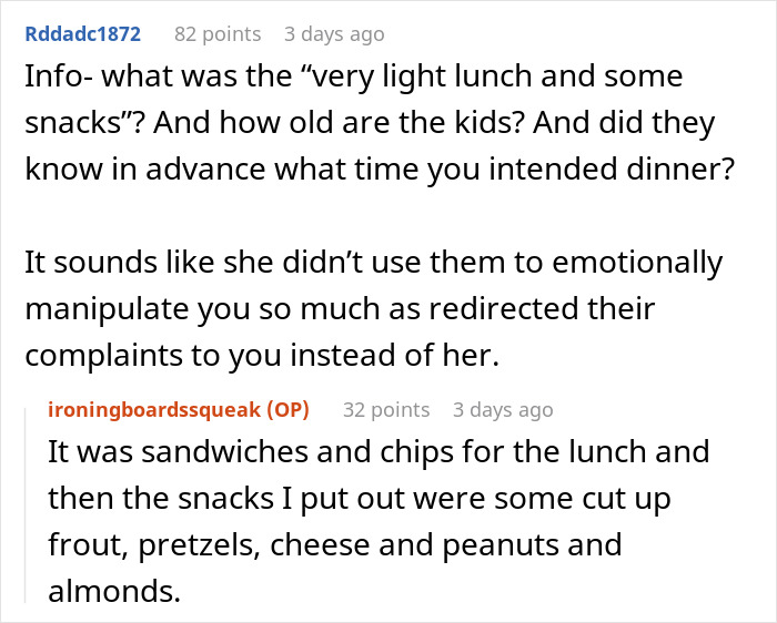 Screenshot of a Reddit conversation discussing saving money on dinner with a coupon and family reactions. Screenshot of a Reddit conversation discussing saving money on dinner with a coupon and family reactions.