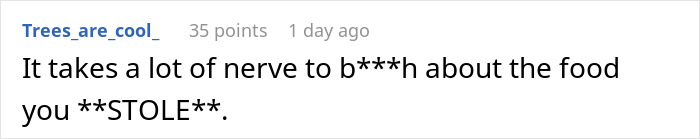 Text comment from user Trees_are_cool_ expressing frustration about someone complaining about food they stole in an online discussion about coworker stealing spicy lunch. Text comment from user Trees_are_cool_ expressing frustration about someone complaining about food they stole in an online discussion about coworker stealing spicy lunch.