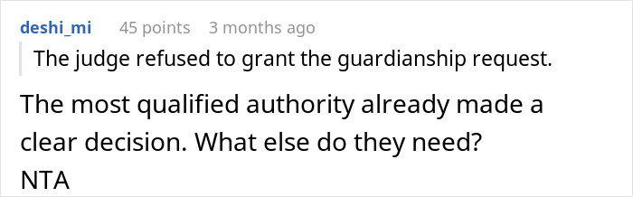 Comment about judge refusing guardianship request, discussing dad&rsquo;s active role and conflict with ex&rsquo;s new husband.