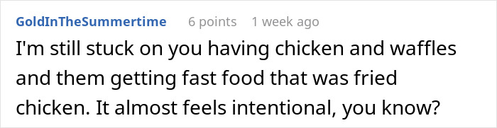 Comment discussing fast food and fried chicken, highlighting rude aunt disrupting bride&rsquo;s elegant wedding plans with food wrappers and grease.