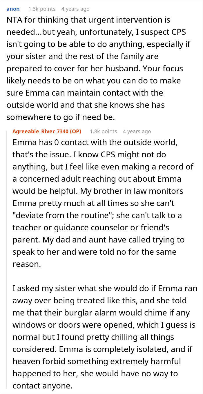 Reddit conversation debating calling CPS after learning niece Emma&rsquo;s home life includes isolation and lack of outside contact.