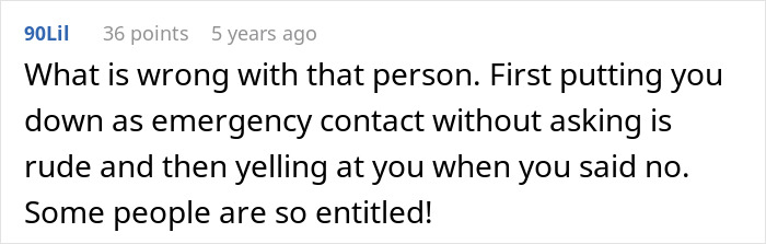 Screenshot of a comment discussing a woman listed as emergency contact who refuses to pick up a kid, highlighting entitlement.