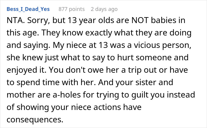 Teen niece calls aunt fat and ugly at the park, causing a canceled shopping trip and a dramatic fit.