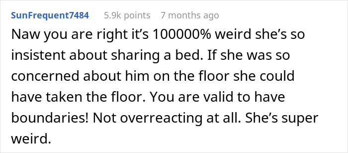 Screenshot of a social media comment discussing a woman upset her friend&rsquo;s girlfriend won&rsquo;t let them sleep in the same bed.