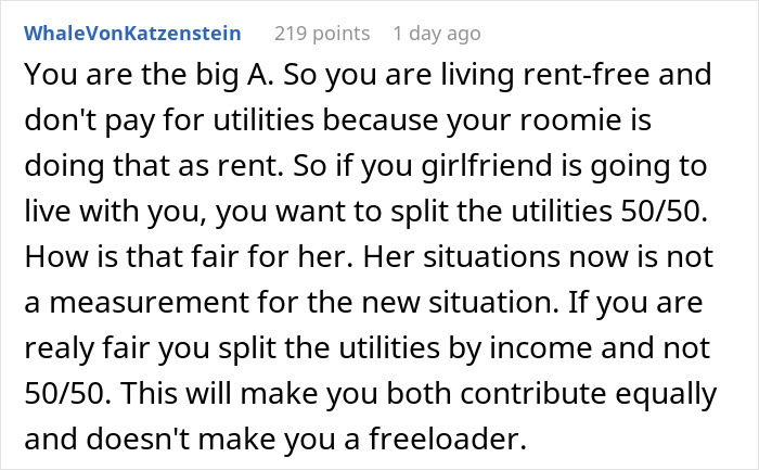 Screenshot of a discussion about a woman furious that her boyfriend refuses to let her move in unless they split expenses 50/50. Screenshot of a discussion about a woman furious that her boyfriend refuses to let her move in unless they split expenses 50/50.