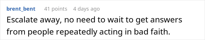 Text comment on a white background discussing escalating issues with people acting in bad faith, related to maternity leave eligibility dispute.