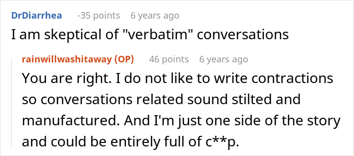 Screenshot of a Reddit conversation discussing skepticism about verbatim conversations in an online forum thread.