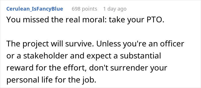 Comment highlighting the importance of using PTO before deadlines and balancing work with personal life.