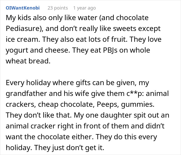Comment discussing how boomer relatives undermine kids' healthy habits by giving candies and sweets despite kids' preferences for <a target=
