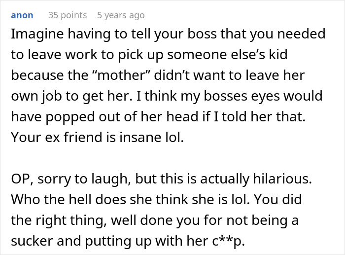 Comment about a woman listed as an emergency contact who refuses to pick up a kid, discussing work and friendship issues.