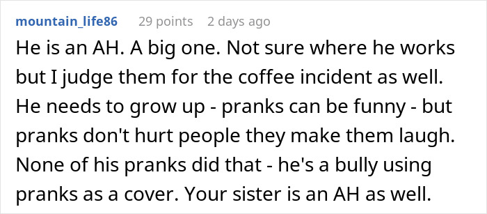 Screenshot of a reddit comment discussing a man who pulls a harmless prank on his girlfriend&rsquo;s sister and the sister&rsquo;s panicked revenge.