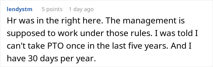 Screenshot of a user comment discussing HR rules and restrictions on taking PTO despite having 30 days available.