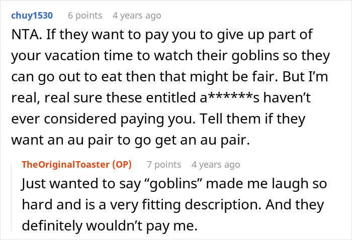 Reddit conversation about 17-year-old refusing to babysit multiple kids during a family vacation meltdown.