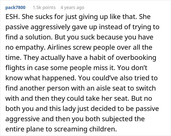 Screenshot of a Reddit comment discussing seat switching and ignoring children in an airplane seating conflict situation.