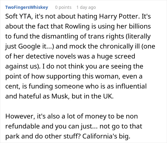 Comment discussing transphobia and controversy around Harry Potter, Rowling, and support linked to the wizarding world visit