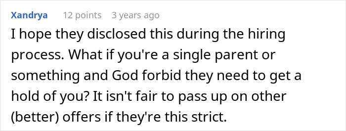 Comment discussing employee compliance with strict company rules and the impact on job opportunities and hiring. Comment discussing employee compliance with strict company rules and the impact on job opportunities and hiring.