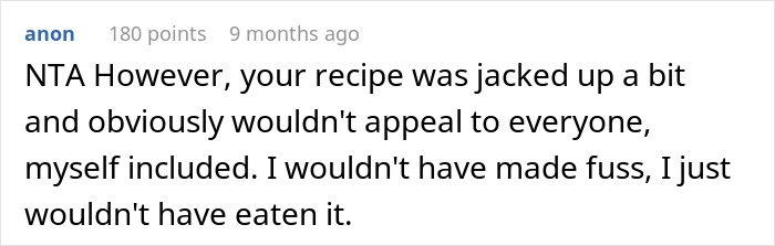 Screenshot of a discussion about a brother-in-law walking out after a host alters a classic chicken pot pie recipe.