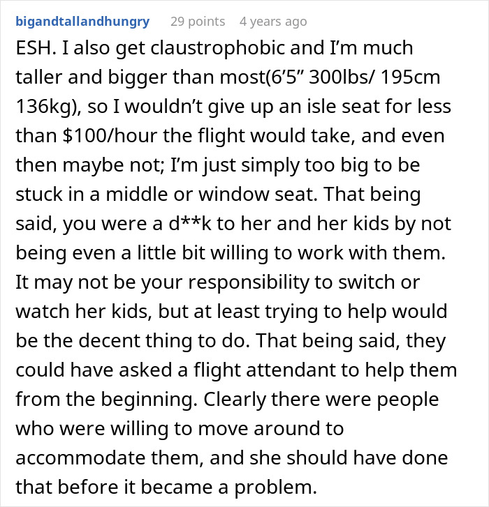 Comment discussing not switching airplane seats with a mother and ignoring her children during the flight conflict.