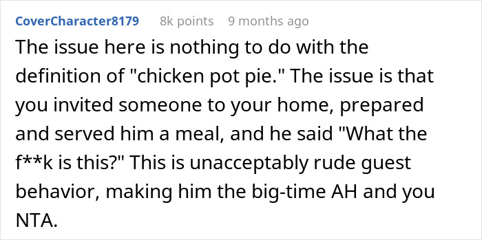 Screenshot of a Reddit comment discussing rude guest behavior at a family gathering involving a chicken pot pie dish.
