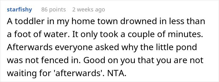 Comment highlighting the danger of not having a fence around a pool for kids' safety and praising precaution efforts.