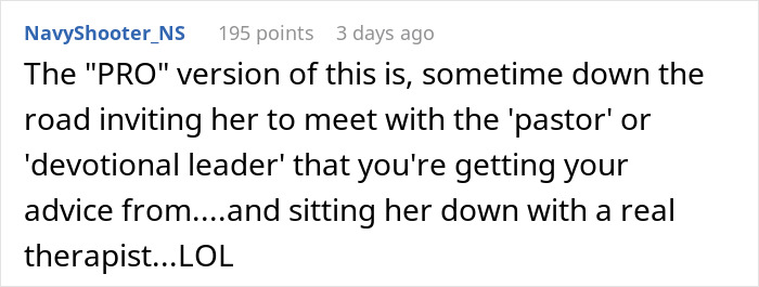 Comment discussing a Christian woman opposing therapy while her niece uses therapy for help, highlighting generational views.