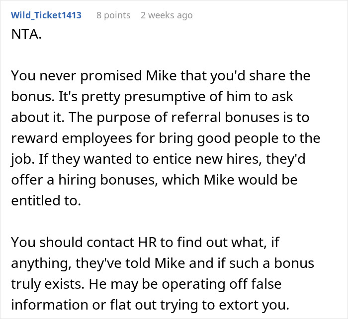 Comment explaining refusal to share referral bonus after ex-colleague helped guy land a good job dispute over bonus entitlement