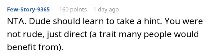 Comment on social platform stating a woman tells gym guy she is not here to make friends as he tries to fist bump her.
