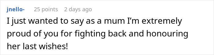 Comment expressing pride in a woman taking her dad to court over stolen inheritance and fighting for justice.