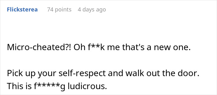 Comment text about micro-cheating reaction, emphasizing disbelief and advice to leave the relationship immediately.