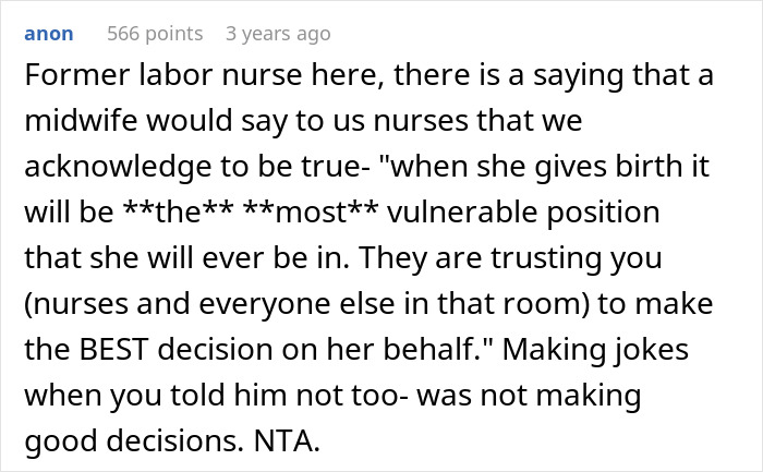 Man furious after wife removes him from delivery room following inappropriate prank during childbirth.